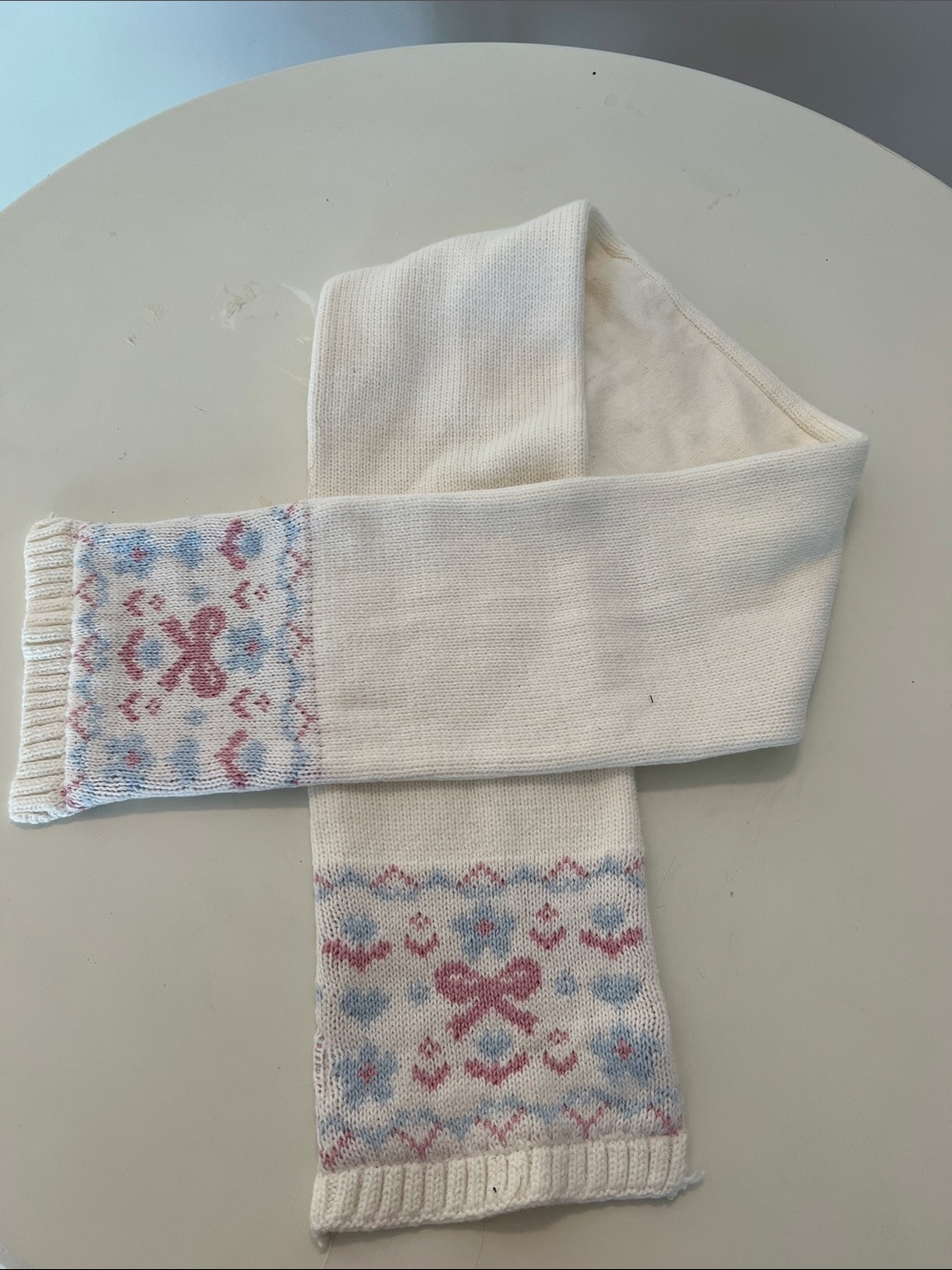 Kids Cream Knit Scarf with Pink & Blue Pattern